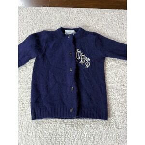 Vintage May Knit Kids Navy Blue Monogram Cardigan Sweater 100% Orlon Acrylic